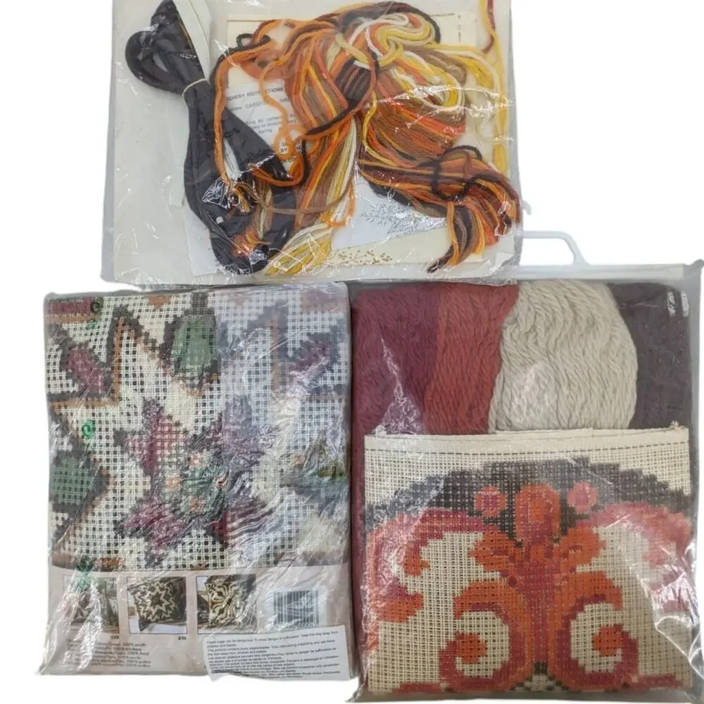Lot 3 Vintage 1980's NEEDLECRAFT PILLOW KITS Creative Circle Vervaco Scheepjes